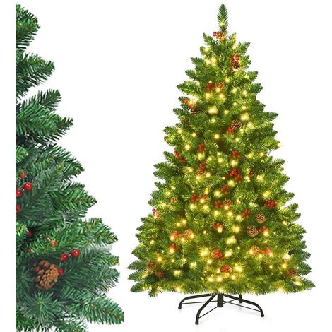 COSTWAY Albero di Natale da 135/195 cm, Albero di Natale Artificiale con 300/450 Luci LED Bianco Caldo, 516/1100 Rami, 32/56 Pigne e 32/56 Bacche Rosse e Base in Metallo, Verde (135cm) (1/5)
