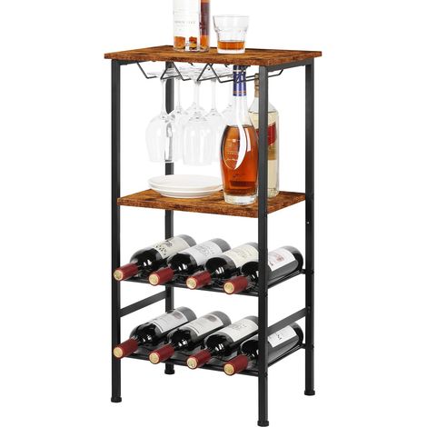 Casier autoportant avec support pour verres et table pour 8 bouteilles de vin en bois avec étagères à 4 niveaux - Support de rangement pour bouteilles de vin (1/5)