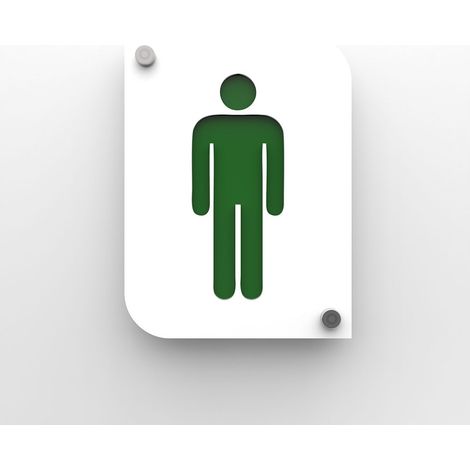 Pictogramme toilettes hommes - Plaque porte PMMA blanc design - Fond personnalisable - 20x15 cm, épaisseur 3 mm, fixation inox (1/4)