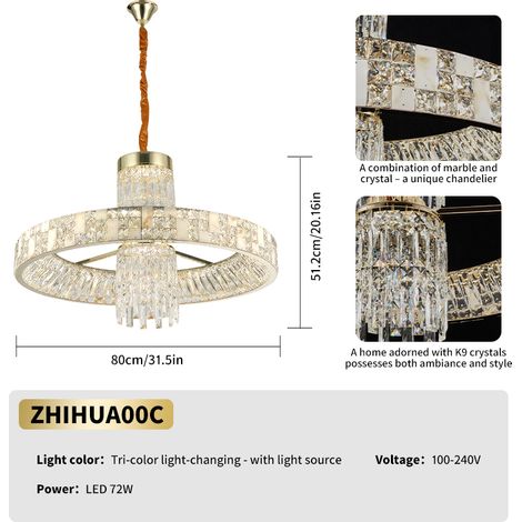 LED Kronleuchter im Kristall-Ring-Design Ø 80 cm, Gold, 3 Lichtfarben, Moderne Luxus-Hängeleuchte für Großräume