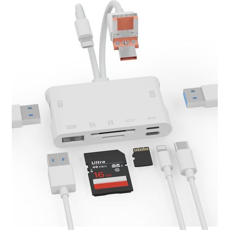 Lecteur de carte Micro SD, lecteur de carte SD 7 en 1 et adaptateur USB OTG avec emplacements pour cartes Micro SD et SD Lecteur de carte mémoire pour iPhone/iPad, appareils USB C et USB A, compatible