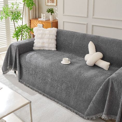 Housse de Canapé d'angle, Housse Canapé 2/3 Places, Gris Couvre Canape Chenille, Protege Canape Angle avec Glands Décoratifs, Gris Foncé, 180x300 cm