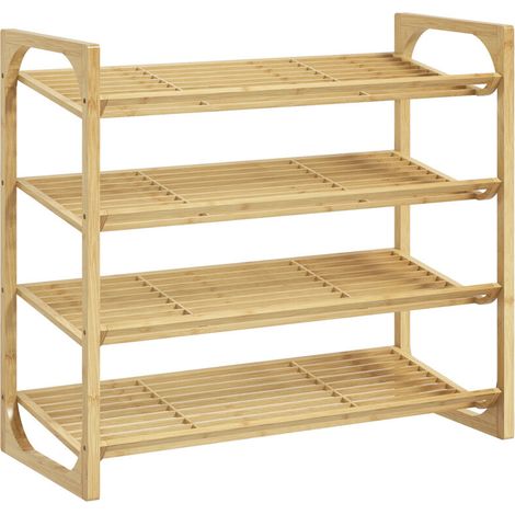 Étagère à chaussures à 4 niveaux. rangement chaussures 12 paires au design à lattes. bambou. 76x33x67cm. bois naturel (1/5)