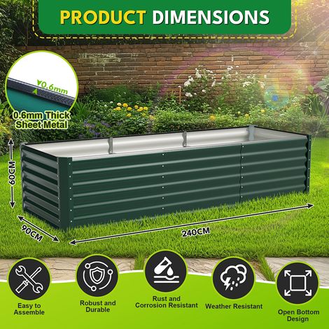 Randaco Huerto urbano elevado XXL 240x90x60cm, altura 60cm ergonómica, acero galvanizado ultra robusto 0.6mm, jardinera estable todo el año, Verde