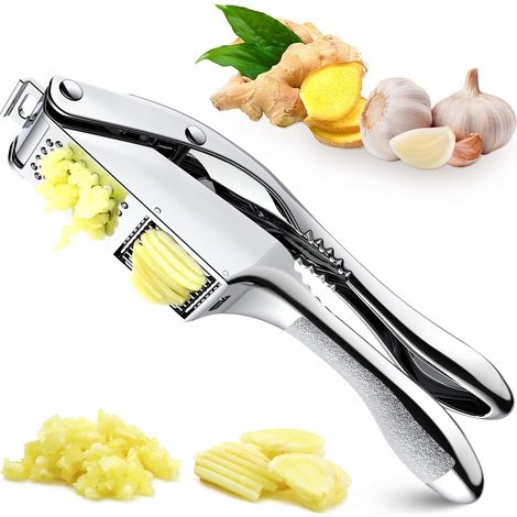 Prensa de ajos profesional 2 en 1 de acero inoxidable, fácil de limpiar, extrae el jugo de jengibre, con mango antideslizante para cocinas de restaurantes, apta para lavavajillas. (1/5)