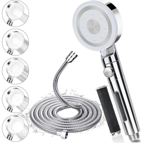 Pommeau de douche argenté de 27 cm de long, fourni avec un flexible de 1,5 mètre. Pommeau de douche haute pression à cinq jets, facile à installer. (1/5)