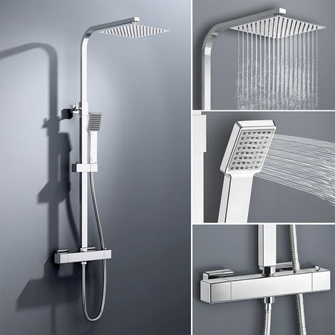 colonna doccia quadrata completo di miscelatore termostatico rettangolo, soffione quadrato 20x20cm, cromo