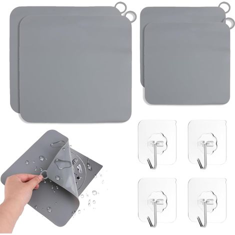 Couvercle de Siphon de Douche en Silicone, Lot de 4 Couvre-drains Anti-Odeur antidérapants avec Crochets, Tailles 20×20 cm et 12×12 cm, pour Salle de Bain et Cuisine (1/5)
