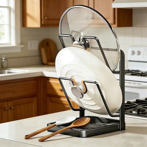 1 Support Couvercle Cuisine, Double Couche Acier, Bac Égouttage, Rangement Ustensiles, Gris