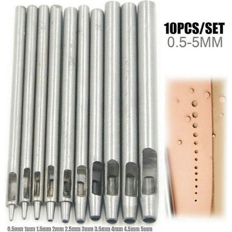Kit de 10 emporte-pièces pour cuir (0,5 mm à 5 mm) pour le travail du cuir et la création de ceintures. Outils pour le travail du cuir, emporte-pièces pour trous creux et perforation de ceintures. (1/2)