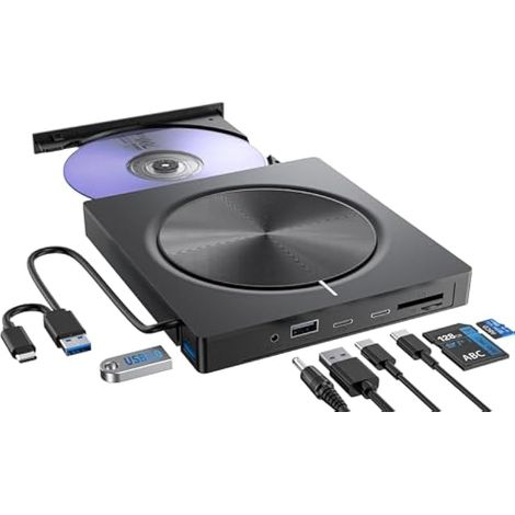 Lecteur CD DVD Externe pour PC, USB 3.0 et Type-C Graveur D VD Externe avec 2USB-A 2USB-C et Fente SD/TF, Optique Portable CD DVD -/+RW Drive pour Windows/MacOS/Laptop/Desktop (1/5)