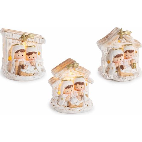 Presepe / Sacra Famiglia in resina colorata con scena Natività con stella dorata e luci LED, set da 6 pezzi, cm 5 x 4,5 x 6 H