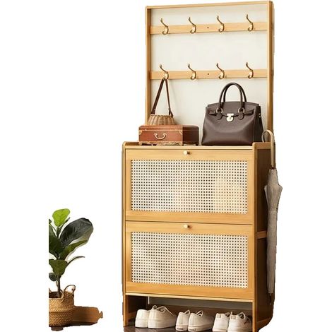 Meuble de rangement pour chaussures, bois d'ingénierie, 31,5" H x 31,5" L x 11,8" P, peut contenir jusqu'à 10 paires, design contemporain avec porte à rabat, crochets pour accessoires (1/5)