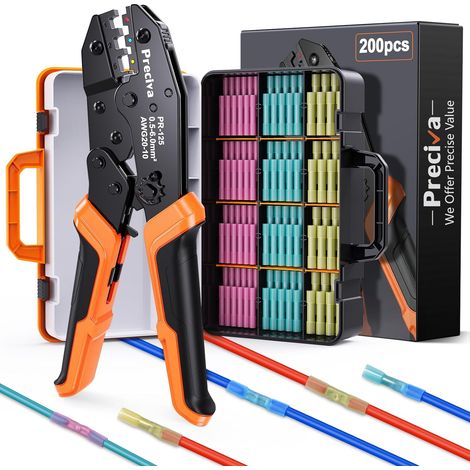Pince à Sertir pour Connecteurs Thermorétractables, 0.5-6.0mm²/AWG 22-10 D'outils de Sertissage Isolés à Cliquet, Pinces Electricien avec 200pcs de Cosses Étanches IP67 pour l'électronique (1/5)