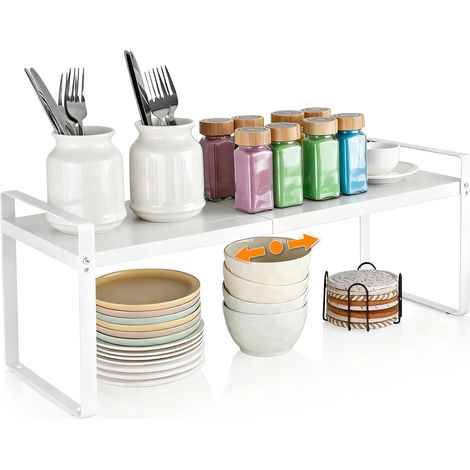 Étagère de Cuisine Extensible (37-62 cm) Étagère de Rangement de Cuisine en Métal, Support à Épices Réglable et Empilable Organisateur Placard Cuisine pour Épices, Bocaux, Livres, Blanc (1/5)