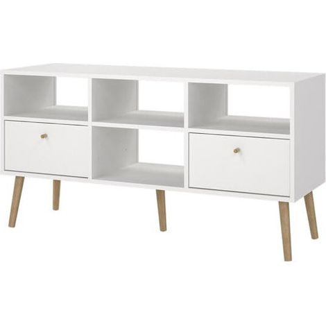 Mobile TV Tvilum Bodo Bianco Opaco 2 Cassetti Gambe E Maniglie In Legno Naturale 117x39x61 Cm
