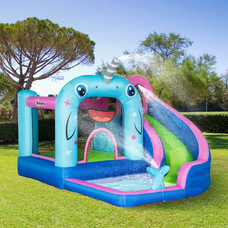 Château gonflable avec toboggan jets d’eau coin rebondissant bassin d’eau 330 x 280 x 200 cm finition de qualité