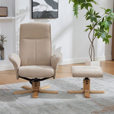 Fauteuil inclinable nordique avec tabouret en chenille. Base bois massif et structure métallique,conception solide,teinte taupe clair. (1/5)