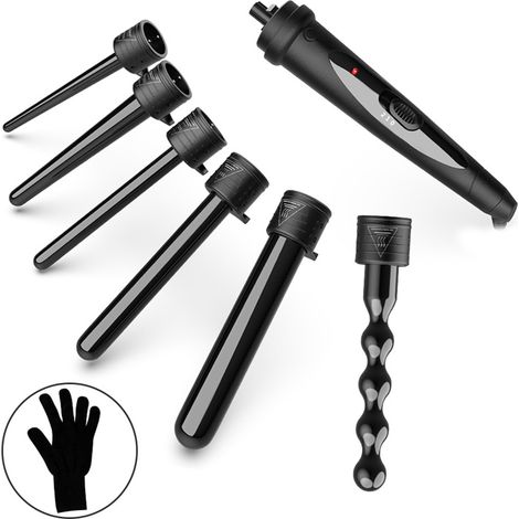 6-in-1 Keramik-Lockenstab-Set mit 2 Temperatureinstellungen und 6 austauschbaren Aufsätzen für feminine Frisuren.