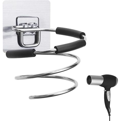 Soporte de pared en espiral para secador de pelo (1 unidad), autoadhesivo, de acero inoxidable, no requiere perforación, ideal para hoteles, baños, aseos y peluquerías - Plateado (1/5)