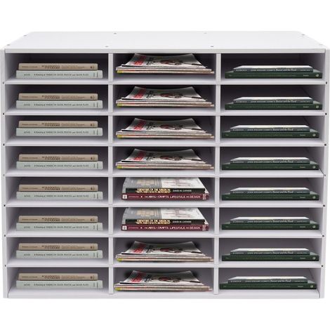 Gojoy – Organiseur de littérature 24 compartiments en PVC – Rangement documents 100 x 30 x 61 cm – Design amovible et antidérapant – Blanc