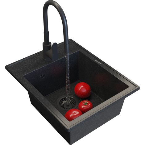 Évier de Cuisine en Granit Noir Nero avec Accessoires – Robinet Flexible, Égouttoir Télescopique, Siphon Manuel, Imprégnateur (1/5)