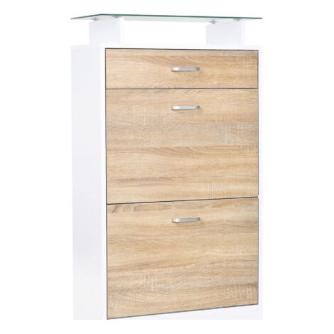 royaluxe -Armoire à Chaussures Meuble rangement Chaussures 2 Portes abattantes 2 Compartiments. tiroir. Plateau en Verre - Bois chêne Blanc (1/5)