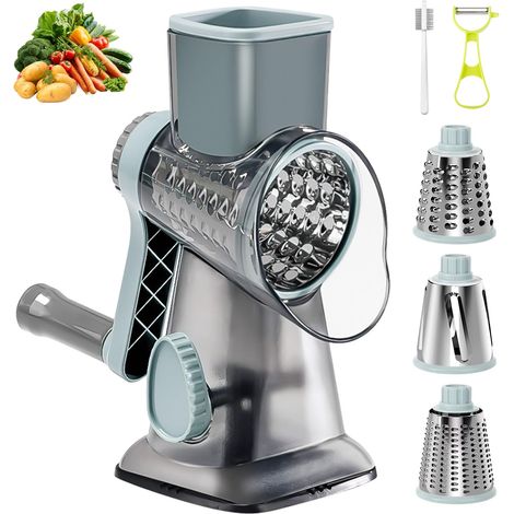 Râpe à Fromage Rotative, Râpe à Légumes Manuelle, Rapeuse Fromage Rotative avec 3 Lames de Tambour Détachables, Mandoline de Cuisine Manuelle Multifonction pour Fromage, Concombre, Carotte, Noix