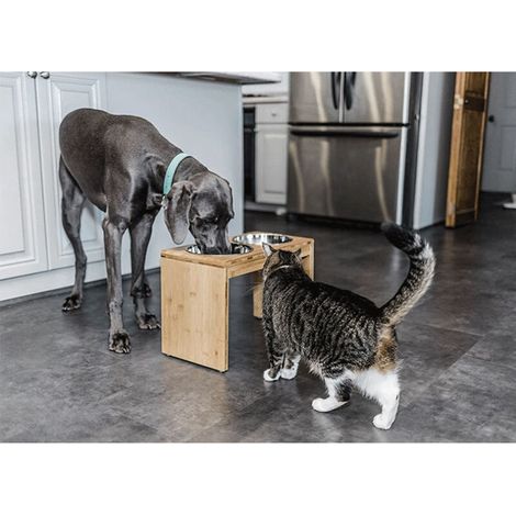 Porte Gamelle pour Chat ® et Petit Chien réglable,Gamelle Surelevee,Durable Bambou,Support avec 2 Bols en Acier Inoxydable,couleur du bois (1/5)