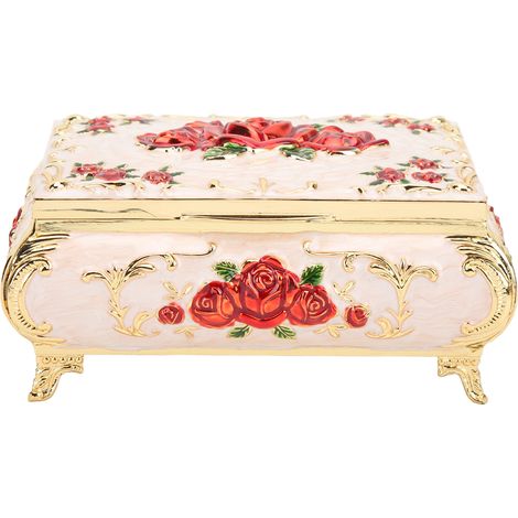 Boîte à Bijoux Vintage Rectangulaire en Métal - Coffret de Rangement Décoratif pour Femmes et Filles - Cadeau Élégant en Or, Blanc, Rouge et Rose