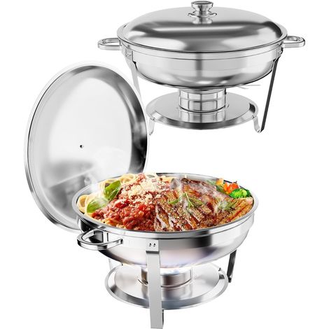 Lot 2 chafing dishes ronds 5QT acier inoxydable, réchaud repas pour buffet et fêtes (1/5)