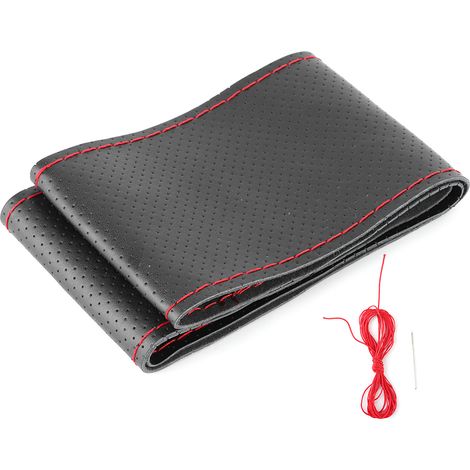 Volant Voiture 38cm/15in Housse Cuir Plein Perforé Couture Main avec Aiguille et Fil Noir Rouge (1/5)