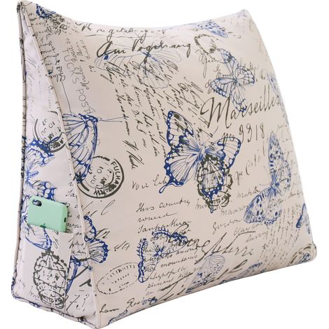 VERCART Cuscino da lettura in cotone al 100%, cuscino decorativo a cuneo di grandi dimensioni, cuscino triangolare per poggiatesta, cuscino per gambe per divano o divano profondo, farfalla blu, 60cm