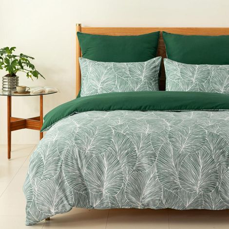 Ensemble de literie lit double 260x240cm microfibre motif feuilles vert foncé 3 pièces