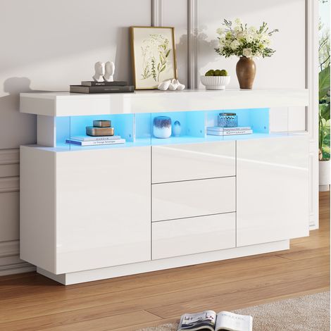 Credenza 140 x 35 x 80 cm con LED 16 colori, 3 cassetti, 2 ante, bianco HAVRYA (1/5)