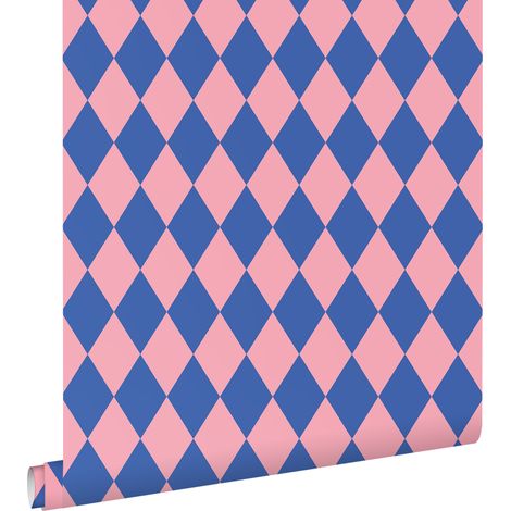 papier peint à carreaux bleu et rose  - ESTAhome