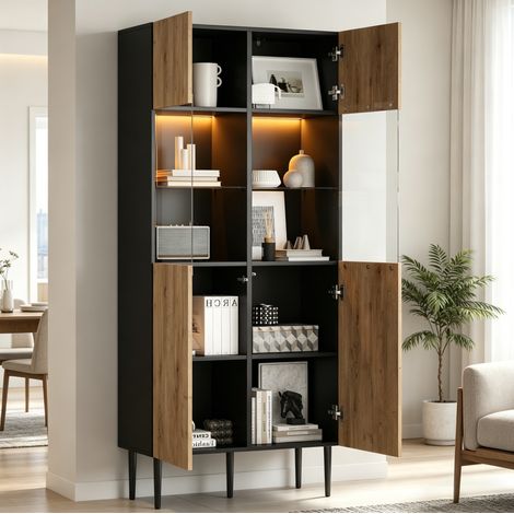 Vitrine haute moderne avec LED et 2 portes en verre 80 x 35 x 180 cm noir et naturel (1/5)