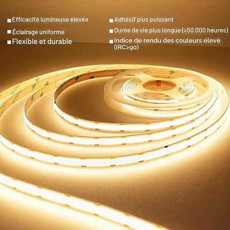 Ruban LED COB 5M, 3000K Bande LED Dimmable 24V, Largeur 8mm, Télécommande et Alimentation, Décoration Intérieure, Cuisine, Miroir (1/4)
