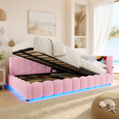 Daybett, 140200cm Tagesbett, Schlafsofa, Bett mit Lattenrost (ohne Matratze), mit LED-Lichtleiste, mit hydraulischem Hebemechanismus, USB-Anschluss, Typ-C, Komfortmaterial, Vliesimitat, Rosa (1/5)