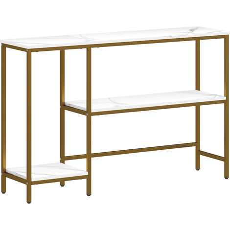 Console blanche et dorée 120 cm, table console 3 niveaux avec étagères, dessus imitation marbre, meuble de rangement design. (1/5)