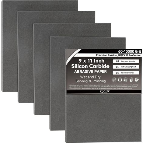 Lot de 12 feuilles de papier abrasif grain 1200 - 22,9 x 27,9 cm - Dos flexible importé - Abrasif en carbure de silicium noir - Pour le travail du bois, l'automobile (1/5)