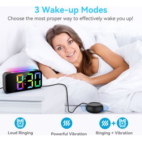 Despertador digital para dormitorio, reloj digital a color con control de brillo y función de repetición de alarma, gran pantalla RGB con 8 opciones de color - negro. (1/4)