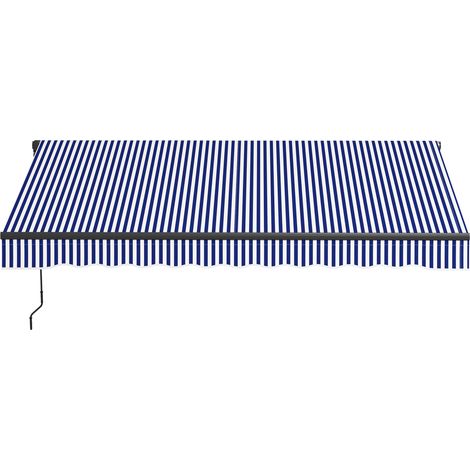 Store banne de balcon rétractable à commande manuelle, inclinaison réglable, manivelle, structure en aluminium, polyester bleu et blanc