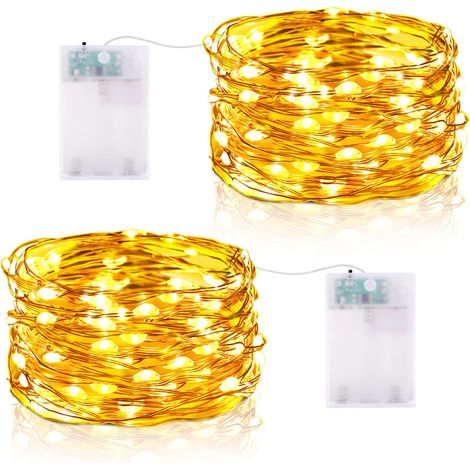 Cordon lumineux LED en fil de cuivre blanc chaud, 5 mètres, 50 lumières, support de batterie clignotant, 2 pièces emballées, éclairage d'ambiance décoratif adapté pour Halloween et les fêtes (1/5)
