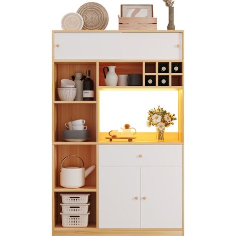 Madia da cucina LED 115x35x180 cm in truciolato bianco e naturale, contenitore (1/5)