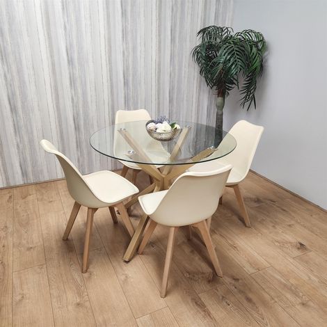 Dining Table Set with 4 Chairs Round Wood Effect Legs 4 Plastic Cream Chairs Dining Room (1/5)