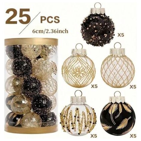 Green Mobility-Lot de 25 boules de Noël rondes en plastique, 6 cm, avec motif de plumes dorées pailletées, pour la décoration intérieure (1/4)