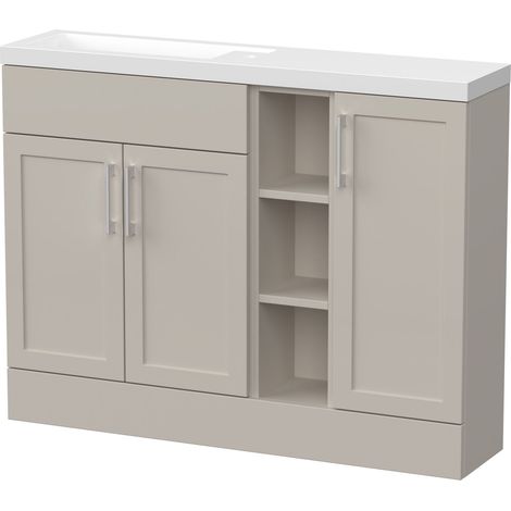 Pirehill Traditional Floor Standing Compact Vanity Basin Combination Unit with Open Shelves and Basin, 1100mm, Pebble Grey