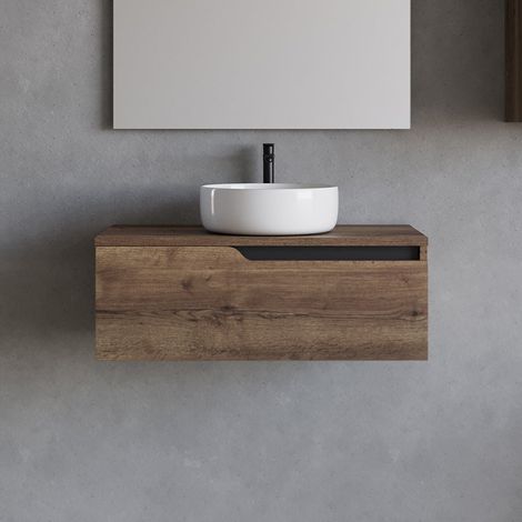 Meuble de salle de bain 80cm avec vasque à poser ronde - sans miroir - 1 tiroir - tabaco (bois foncé) - CADIX (1/5)