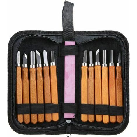 HONORNIC - Kit Ciseau Bois, 13pcs outils de sculpture sur bois ensemble couteau à découper le bois compact à la main pour le travail du bois